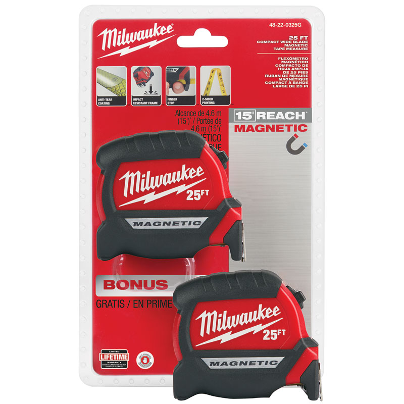 Milwaukee® 25' Wide Blade Magnetic Tape Measure, 2/Pk.